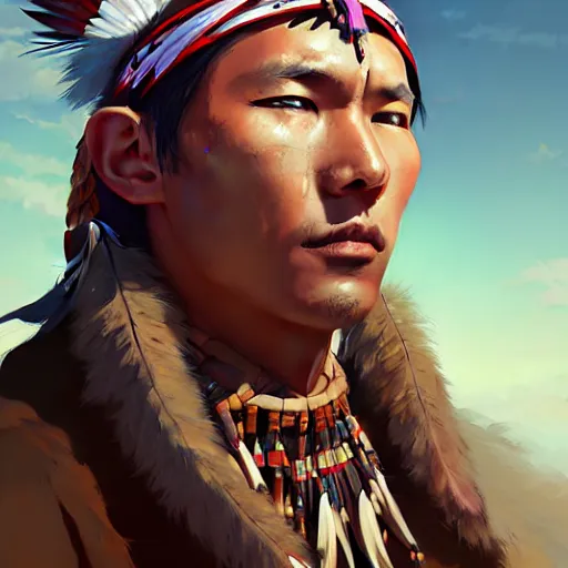 Image similar to anime portrait of a American native shaman by Stanley Artgerm Lau, WLOP, Rossdraws, James Jean, Andrei Riabovitchev, Marc Simonetti, and Sakimichan, trending on artstation