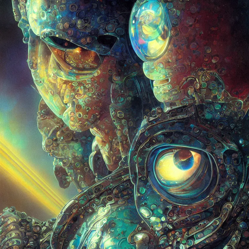 Prompt: a baroque neoclassicist sci - fi close - up portrait of a colorful chrome marble being meditating with big glowing eyes. iridescent textures. glowing fog, black background. highly detailed fantasy science fiction painting by moebius, norman rockwell, frank frazetta, and syd mead. rich colors, high contrast, artstation