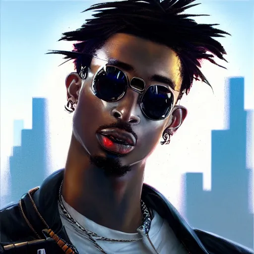 Image similar to cyberpunk, closeup portrait of a playboi carti, dramatic light, city background, sunset, dystopian setting, high contrast, sharp, neuromancer, henry dorsett case, painted by stanley lau, painted by greg rutkowski, painted by stanley artgerm, digital art, trending on artstation