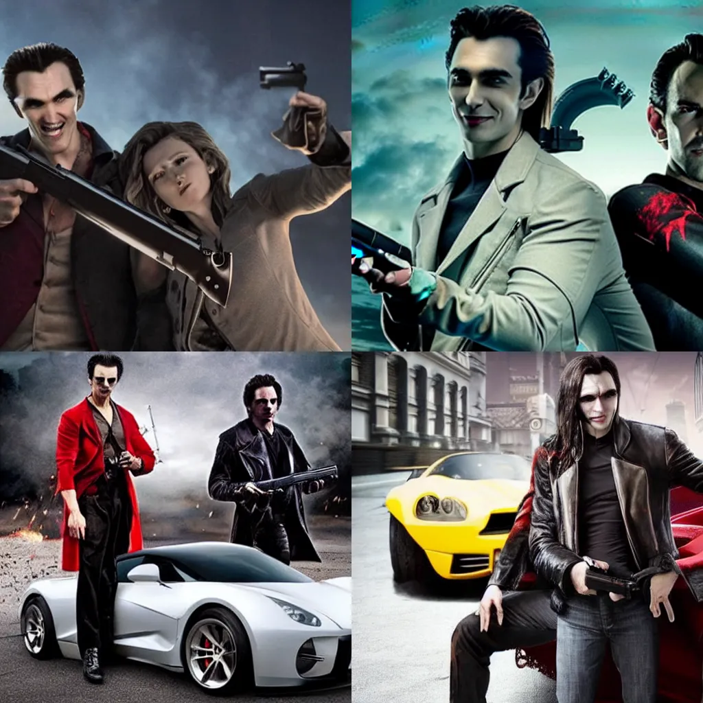 Prompt: Vampires Holding Guns Next To Fast Cars Movie, poor quality, well lit, heavily downvoted, haphazardly executed, top earning movie 2023