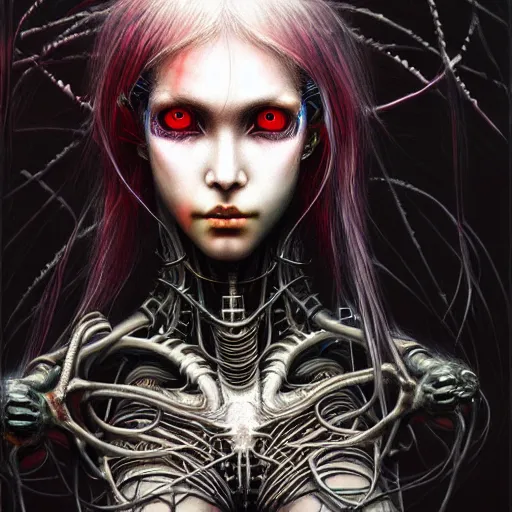 Prompt: a highly detailed long shot photo of cybergoth female character by ayami kojima, beksinski, giger, intricate, digital painting, artstation, intricate, concept art, smooth, sharp focus, illustration