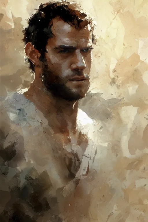 Prompt: herry cavill, attractive male, painting by craig mullins