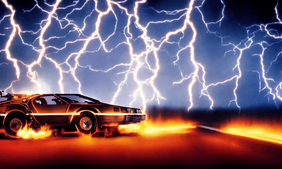 Image similar to scene from back to the future, delorean driving fast, lightning, fire, driving through portal, motion blur