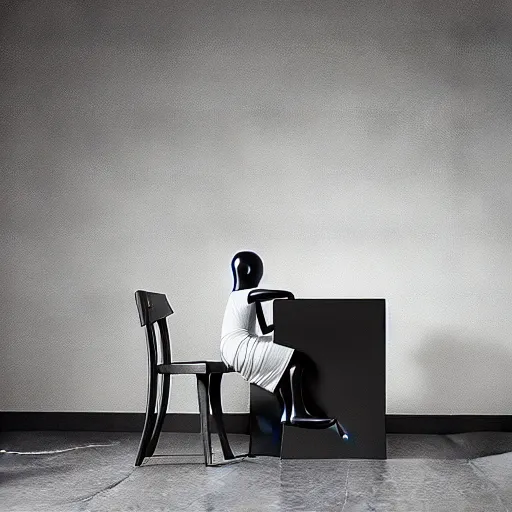 Image similar to award winning photograph of a alien sitting on a chair