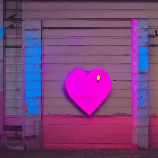 Image similar to pixel heart shaped portal to a neon colored world, on an industrial exterior