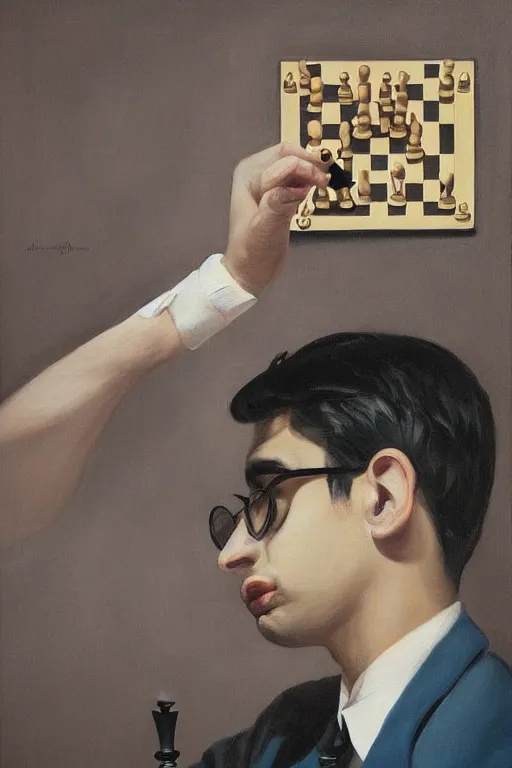 Image similar to a painting of anish giri as chess theoretician pondering over a chess board, a surrealist painting by james jean, trending on cgsociety, pop surrealism, androgynous, grotesque, angular