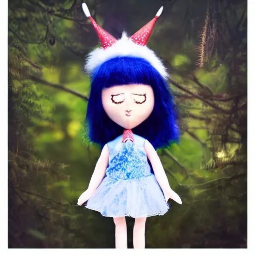 Image similar to blue'snappy gifts doll'in magical forest, gifts, dark atmosphere, high detail, soft lighting, 8 k