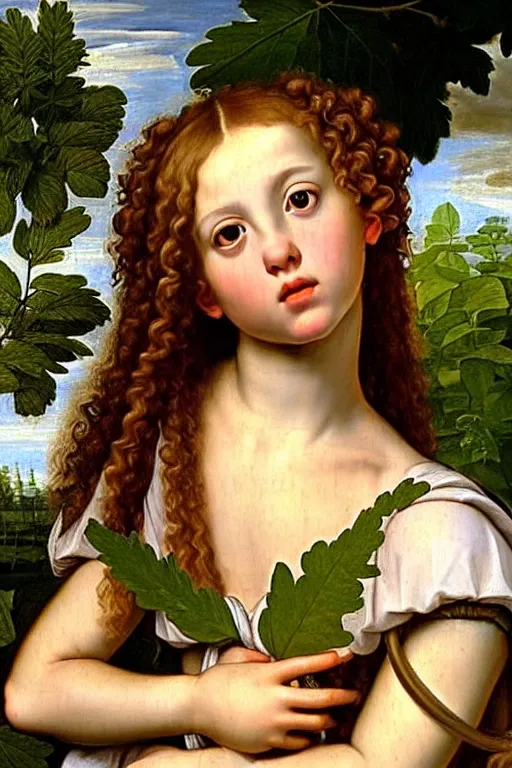 Image similar to renaissance painting of young girl in the garden, closeup, curly long hair, face closeup, emotions closeup, dressed in roman armour, the beautiful garden with maple leaves everywhere, ultra detailed, art by guido reni style, vincenzo catena style