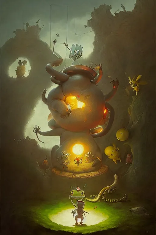 Prompt: hieronymus bosch, greg rutkowski, anna podedworna, painting of pokemon geodude king k rool