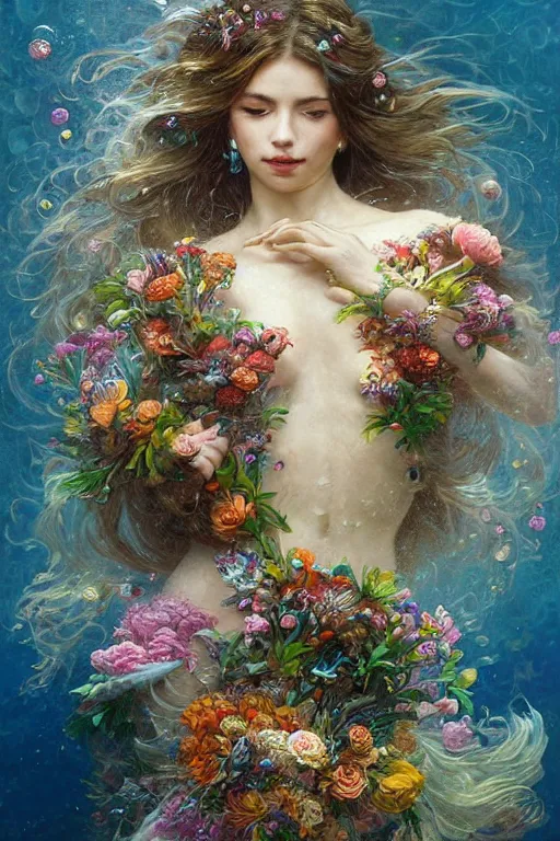 Image similar to portrait of a beautiful mysterious woman holding a bouquet of flowing flowers, hair flowing upwards, small bubbles from her mouth, hands hidden under the bouquet, submerged underwater filled with colorful small fish and coral reef, fantasy, regal, intricate, by stanley artgerm lau, greg rutkowski, thomas kindkade, alphonse mucha, loish, norman rockwell