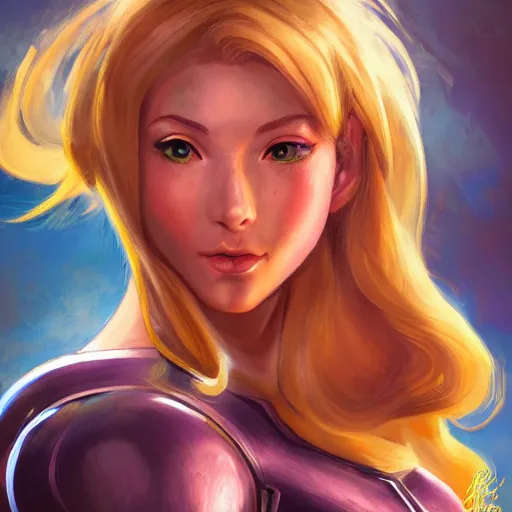 Image similar to portrait of beautiful Samus Aran, League of Legend illustration by Sam Youn:3, profile picture by Gil Elvgren:3, asymmetrical, Organic Painting, Ambient Occlusion:3, Matte Painting, bold shapes, hard edges, street art, trending on artstation, realistic:2 by Rob Rey:5