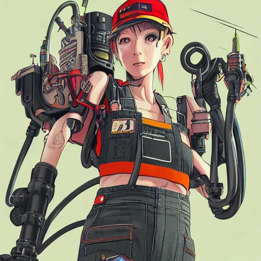 Image similar to Full body portrait of a mechanic in overalls repairing her mech, cyberpunk, illustration, detailed face, detailed background, Ilya Kuvshinov, Hayao Miyazaki, Takashi Takeuchi, Masamune Shirow