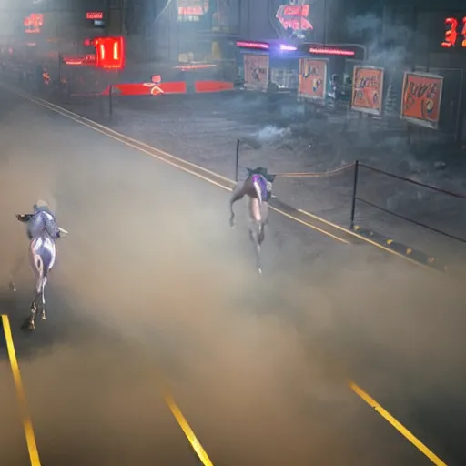 Image similar to wide angle shot from above, muted-neon-color-smoke wisps waft on a current of air through a low energy cluttered parlor and coalesce onto the floor into a close-up outline reminiscent of a high-energy racing horse crossing the finish line.