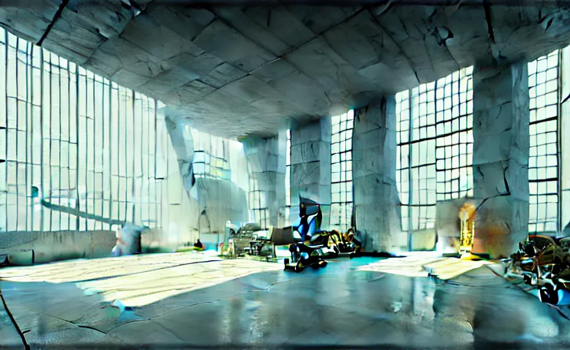 Image similar to painting of interior shot of a white concerete brutalist contemporary art museum by darek zabrocki and greg ruthkowski, alphonse mucha, simon stalenhag and cinematic and blue cold atmospheric, archillect concept art, artstation, trending on artstation