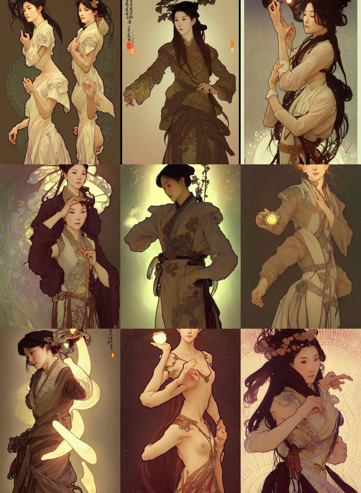 Image similar to a digital concept ar by artgerm and greg rutkowski and alphonse mucha. clear portrait of a lonely attractive elder in uniform of tang dynasty!! tang dynasty book, light effect. hyper detailed, character concept, full body!! t pose!! glowing lights!! intricate, elegant, digital painting, artstation, smooth, sharp focus