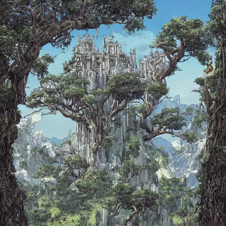 Prompt: a surreal white castle surrounded by exotic trees on a tall mountain by moebius