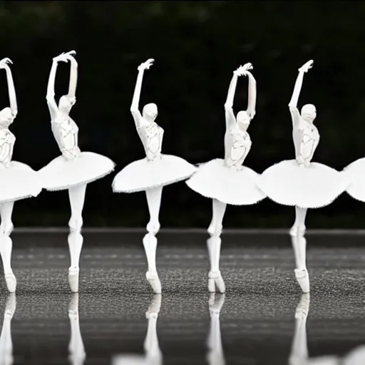 Prompt: Four skeleton ballerinas dancing swan\'s lake ballet, Extremely detailed. Beautiful. 4K. Award-winning. Ultra realistic photo.