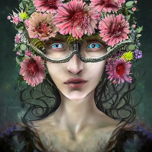 Prompt: a surreal woman portrait with the eyes covered by flowers blooming, her hair covered by fantasy mystic fowwers, and hear head covered in a form of a church, fantasy conceptual art, trending on artstation, hyperdetailed