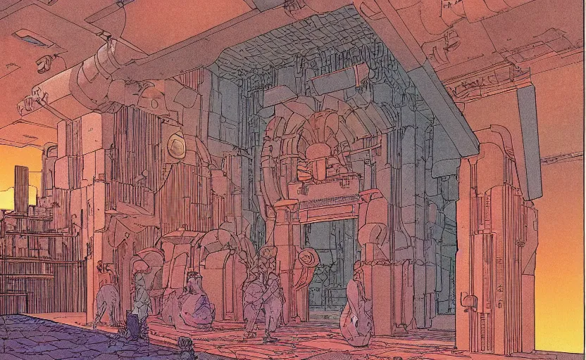 Image similar to the entrance into the giant temple of the future robot gods by moebius