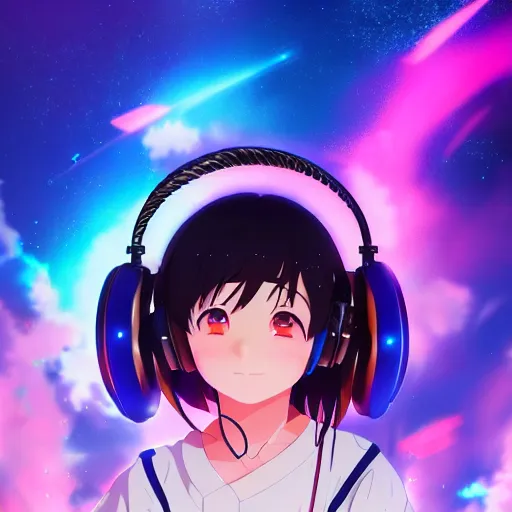 prompthunt: an anime music producer with headphones on, official art, key  visual, studio lightning, very detailed bd cover, Kimi no Na Wa,  hyperrealistic, artstation, caustics, trending on Artstation, 8K, octane  renderer, rtx