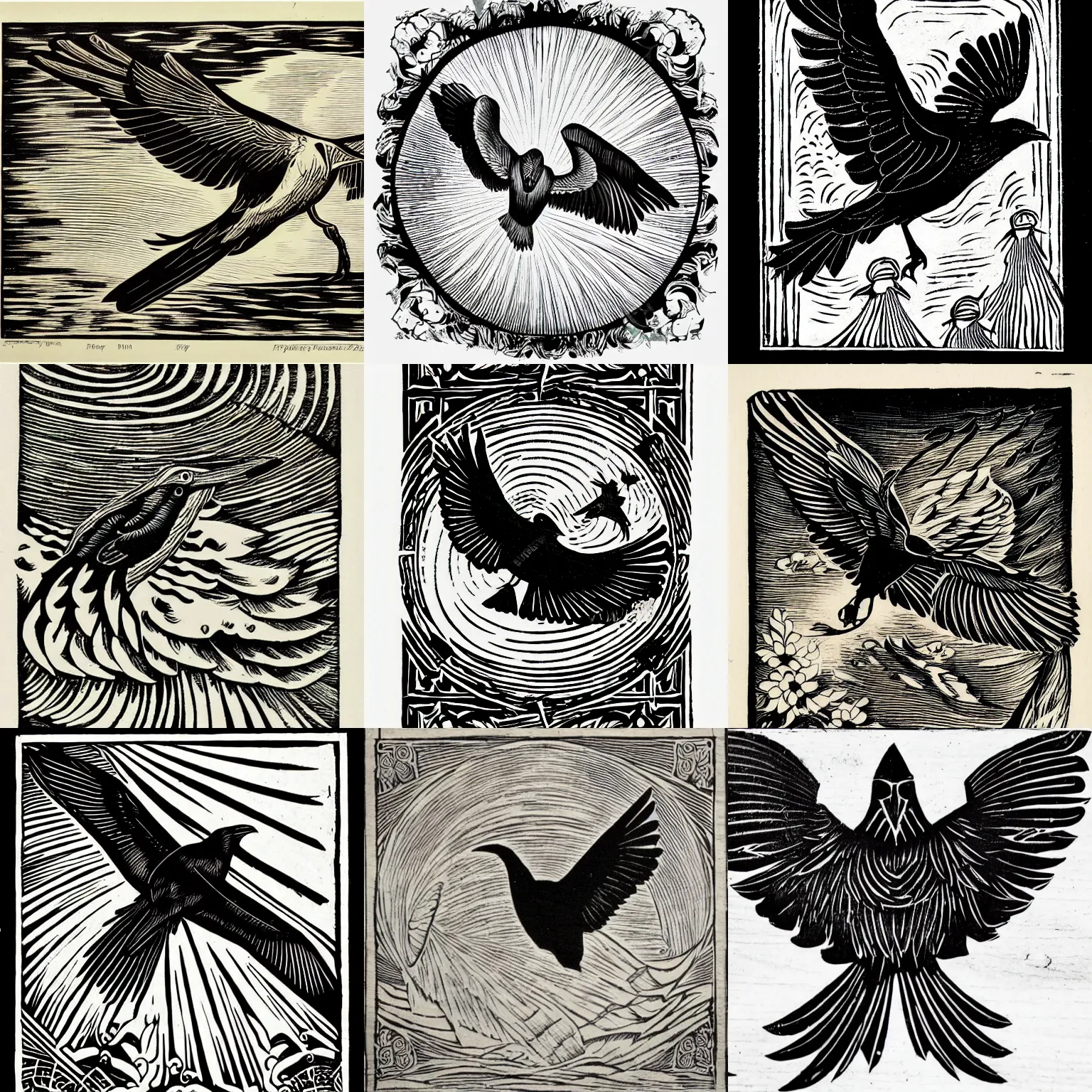 Prompt: baroque art deco woodcut of flying crow, monochrome, centered, full body