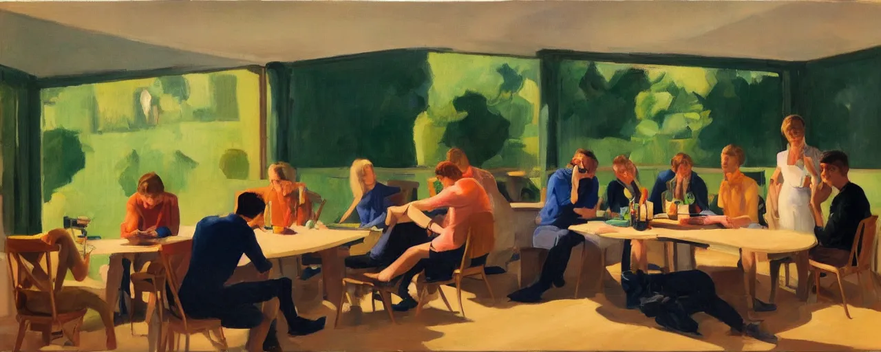 Image similar to a group of gen z friends sitting around talking about climate change while drinking old fashions, in the style of an edward hopper painting