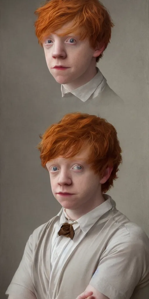 Image similar to photo photorealistic portrait photograph of Rupert Grint as Ronald Weasley. william adolphe bouguereau. During golden hour. soft light Extremely detailed. detailed photograph Beautiful. 4K. Award winning.