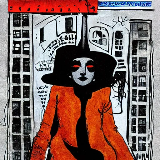Prompt: post - punk cabaret album cover, black, white, orange, psychedelic, new age, magic, enki bilal