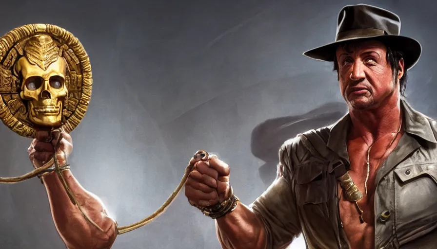 Image similar to sylvester stallone as indiana jones holding a whip in left hand and holding a golden mayan skull in the right hand, grey background, hyperdetailed, artstation, cgsociety, 8 k