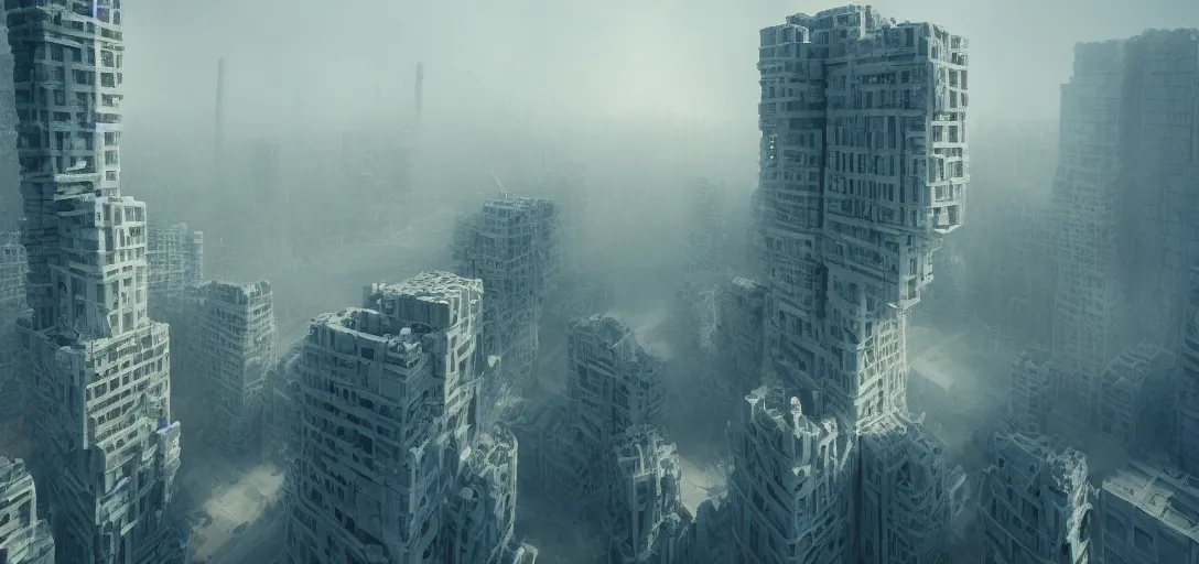 Prompt: dramatic view of giant cuboid megatropolis structure at day, giant towering pillars, colored fog,, unreal engine, dramatic lighting, detailed, ambient occlusion, global illumination, god rays, 3 d artstation render by annibale siconolfi and paul chadeisson
