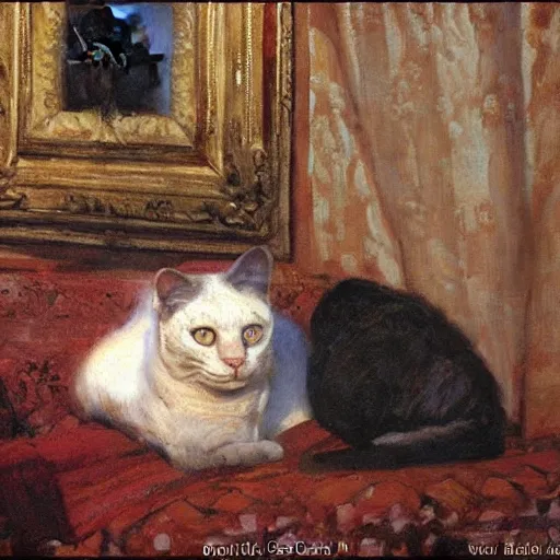 Image similar to a cat watching movie, painting by gaston bussiere, craig mullins