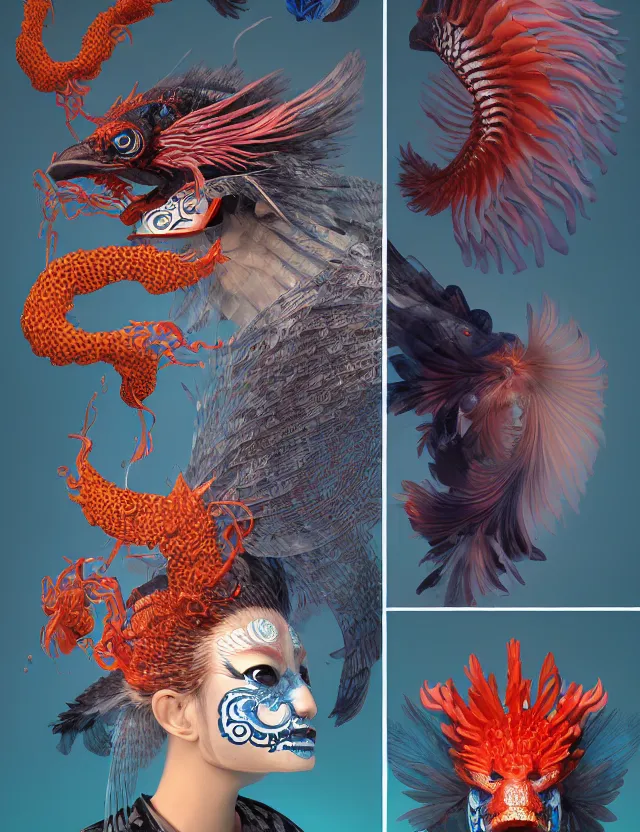 Image similar to 3 d shaman profile portrait. beautiful intricately detailed japanese crow kitsune mask and clasical japanese kimono. betta fish, jellyfish phoenix, bio luminescent, plasma, ice, water, wind, creature, artwork by tooth wu and wlop and beeple and greg rutkowski