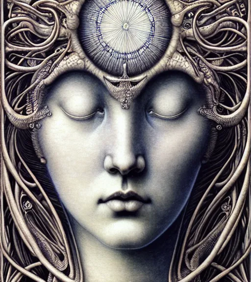 Image similar to detailed realistic beautiful porcelain moon goddess face portrait by jean delville, gustave dore, iris van herpen and marco mazzoni, art forms of nature by ernst haeckel, art nouveau, symbolist, visionary, gothic, neo - gothic, pre - raphaelite, fractal lace, intricate alien botanicals, ai biodiversity, surreality, hyperdetailed ultrasharp octane render