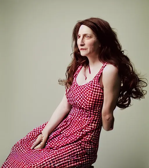 Image similar to “Portrait by Annie Leibovitz of a beautiful brunette woman wearing a red and pink checkered sleeveless dress, 4K, high quality”