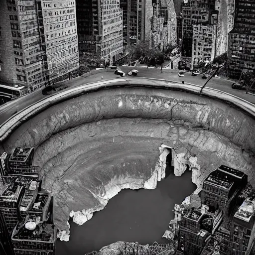 Prompt: a photograph of on Ancient otherworldly beings coming from under the earth and creating sink holes in new york city. Giant Ney York city sink hole engulfs entire city, City collapses in Sink Hole. crazy. wild. insane. realistic. satanic. dark. gloom. crazy. wow. imagine that. can you imagine that?. thank you. realistic. real. photography. photograph. historic photograph. 8k