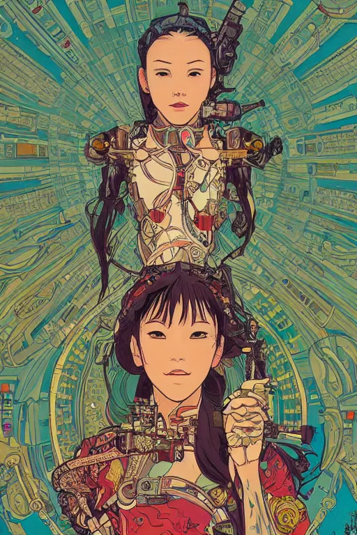 Image similar to beautiful cyborg portrait girl female illustration detailed patterns art of thai traditional dress, pop art, splash painting, art by geof darrow, ashley wood, alphonse mucha, makoto shinkai