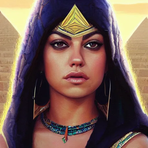 Image similar to a closeup portrait of a young mila kunis as cleopatra, gorgeous view, pyramid background, dramatic lighting, painted by artgerm, painted by greg rutkowski, digital art, trending on artstation