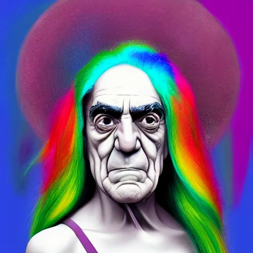 Image similar to abe vigoda looking at the camera, she has rainbow hair and a beautiful unconventional face, there is an explosion of flowers in the background, elegant, highly detailed, digital painting, artstation, realism, concept art, pop, smooth, mythological, sharp focus, qualia, illustration, art by mark ryden 3 d 8 k ultra detailed