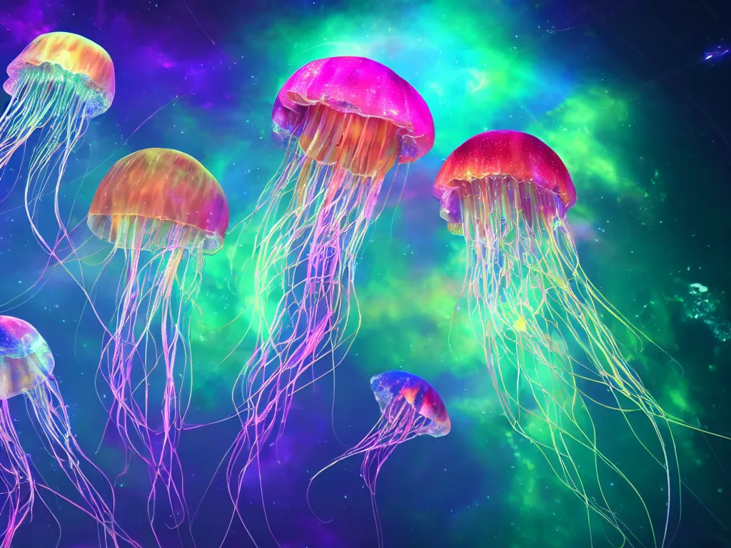 Prompt: three jellyfish swimming in a colorful nebula with shafts of light under a rainbow, trending on artstation, rendered in cinema 4 d, 8 k 3 d, cgsociety, zbrush, volumetric light, lightrays, cinematic, atmospheric, octane render, flickr, filmic, cryengine