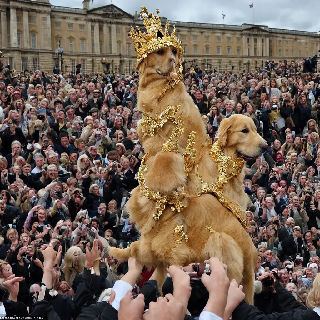 Image similar to national geographic photo of a golden retriever wearing a crown being hailed as the new king of England by a crowd of people at Buckingham palace in the background