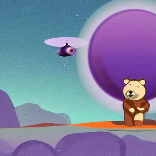 Image similar to cartoon animated illustration of a bear mascot being launched from a futuristic marble planet, purple and orange cloudland