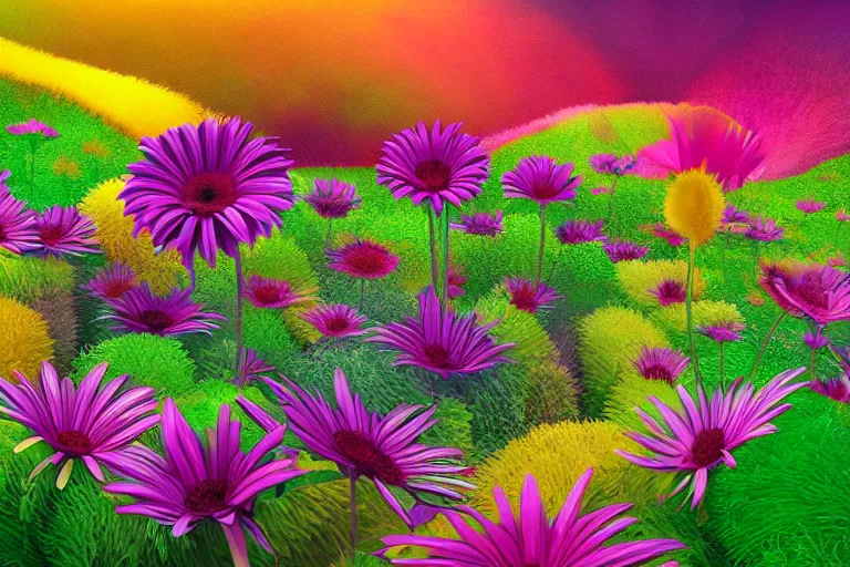 Prompt: beautiful field of giant gerber daisy flowers digital illustration by dr. seuss : 1 | vibrant, colorful, spectral color, surreal psychedelic megaflora forest by beeple : 1