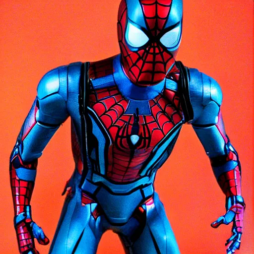 Image similar to a single iron man and spider - man hybrid, dslr, polaroid