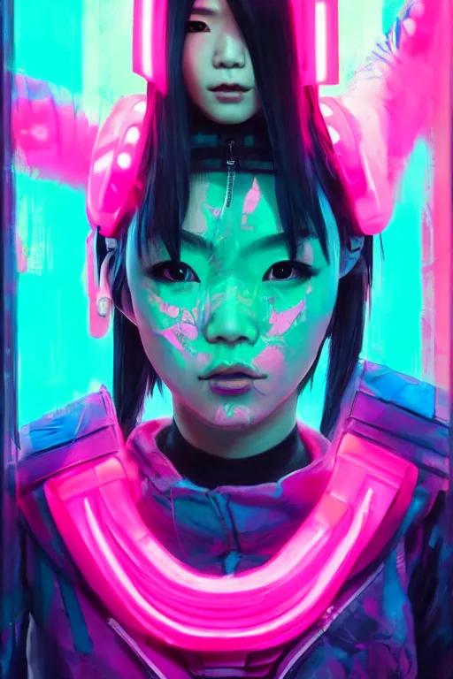 Prompt: stylized japanese girl : ninja - cyberpunk, wearing urban techwear, neon lights and armor, painted in acrylic, in the colors hot pink and cyan, beautiful realistic face, spotlight, by greg rutkowski, by jeremy mann, by francoise nielly, by van gogh, by ross tran, in focus