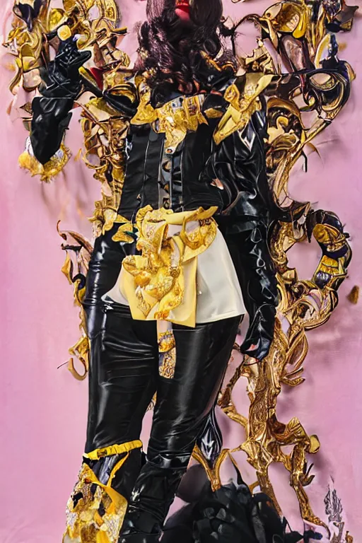 Image similar to black leather and embroidered Lolita dapper bespoke avant-garde tuxedo in velvet, black and gold rich color, dramatic cinematic lighting, featured on Artstation, extremely detailed by Lisa Frank