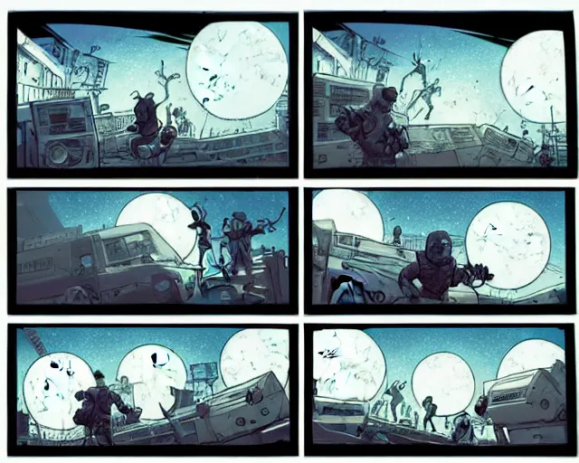 Prompt: three panels from a cell shaded comic book showing a big fat boombox, in front of a big moon, illustration, wide shot, muted colors, post grunge, concept art by josan gonzales and wlop, david rubin, mike mignola, laurie greasley, highly detailed, sharp focus, trending on artstation, hq, deviantart, art by artgem