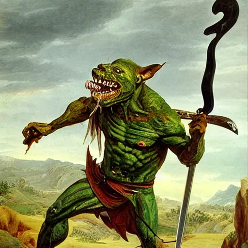 Image similar to dog - faced muscular goblin, ugly face, lizard tail, holding scimitar made of bone, scimitar, sword, jagged sword, curved sword, orkish sword, colorized, green skin, hyper - detailed, primeval fantasy, prehistoric fantasy, art by jacques - louis david