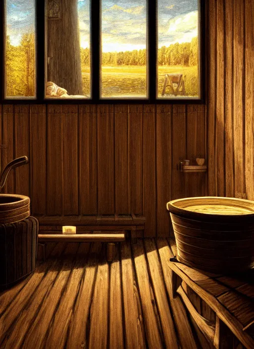 Image similar to finnish sauna, backround dark, highly detailed, digital illustration, trending in artstation, modern painting, smooth, sharp focus, intricate, einar jonsson, ilya repin