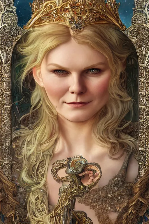 Image similar to Young Kirsten Dunst as a Goddess, cute, fantasy, intricate, elegant, highly detailed, digital painting, 4k, HDR, concept art, smooth, sharp focus, illustration, art by artgerm and H R Giger and alphonse mucha