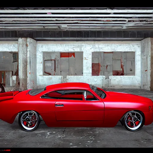 Prompt: beautiful red car in empty abandoned parking car, raytracing, beautiful, unreal engine, photorealistic, hyper detailed